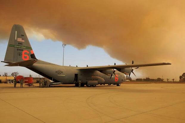 A C-130J from the 146th Airlift Wing at Channel Islands Air National Guard Station in Port Hueneme, Calif., is shown in 2013. Two of the planes have been used in the fight against California wildfires this week, officials said. Senior Airman Nicholas Carzis/Air National Guard