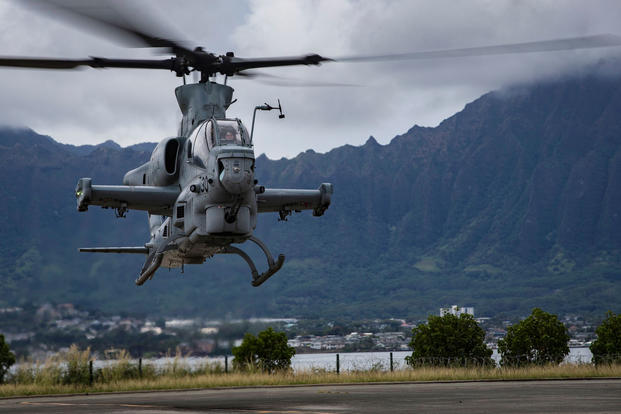 U.S. Marine Corps AH-1Z Viper helicopters arrive at Marine Corps Air Station, Kaneohe Bay, Dec. 19, 2017. (U.S. Marine Corps photo/Alex Kouns)