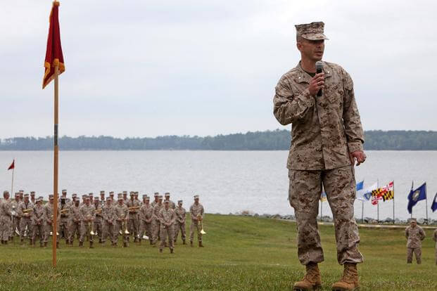 FILE PHOTO -- Lt. Col. Christopher D. Hrudka during a change of command ceremony aboard Camp Lejeune, N.C., April 19, 2012. (U.S. Marine Corps/Cpl. Michael Augusto)