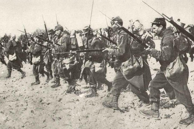 A remarkable photograph of an actual bayonet charge by French soldiers typical of the gallantry and spirit they display in action.