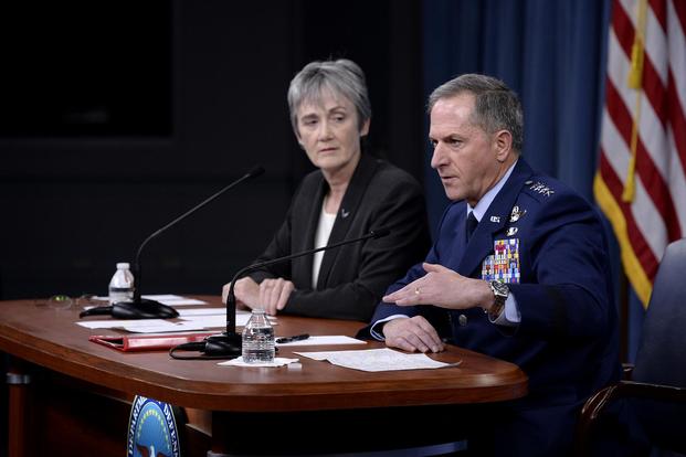 FILE -- Secretary of the Air Force Heather Wilson and Air Force Chief of Staff Gen. David L. Goldfein answer a question during the State of the Air Force address at the Pentagon, Washington, D.C., Nov. 9, 2017. (U.S. Air Force/Staff Sgt. Rusty Frank)