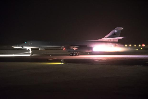 A 34th Expeditionary Bomb Squadron B-1B  Lancer aircraft assigned to the 379th Air Expeditionary Wing departs from Al  Udeid Air Base, Qatar, in support of the multinational response to Syria's  chemical weapons use. The B-1B employed 19  Joint Air to Surface Standoff Munitions against Syrian chemical weapons  targets, marking the first operational use of the JASSM-ER. (Phil Speck/Air Force)   