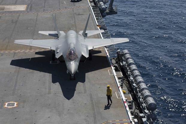 An F-35C Lightning II assigned to the Grim Reapers of Strike Fighter Squadron (VFA) 101 taxis on the flight deck of the Nimitz-class aircraft carrier USS Abraham Lincoln (CVN 72). (U.S. Navy/Mass Communication Specialist Seaman Shane Bryan)