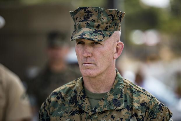 Sgt. Maj. Bradley Kasal, the outgoing I Marine Expeditionary Force sergeant major, observes the relief and appointment ceremony on Camp Pendleton, Calif., on May 18, 2018. Sgt. Maj. James Porterfield replaced Kasal as I MEF sergeant major. Kasal has served as I MEF sergeant major since 2015 and is retiring from the Marine Corps after 34 years of service. (U.S. Marine Corps photo by Cpl. Jacob Farbo)