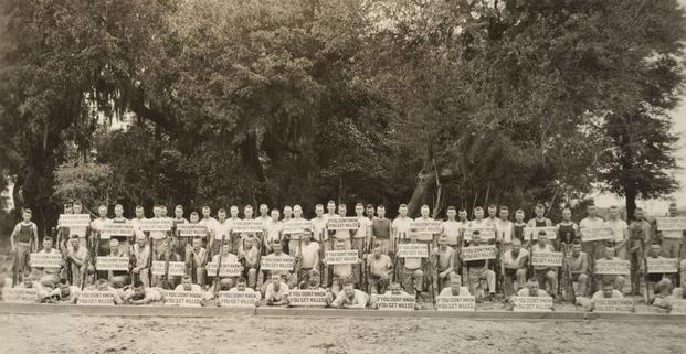 The Marine Corps bayonet instructors at a school pose for a group photo. The instructors' motto is "If you don't know, you get killed." (Photo: National Archives and Records Administration)