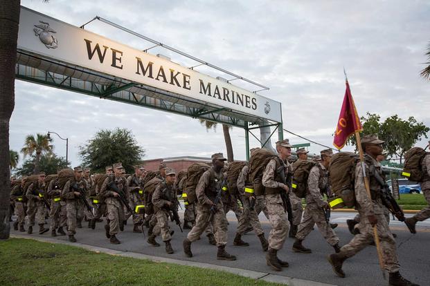 Marine Corps recruits of Fox Company, 2nd Recruit Training Battalion, finish the last stretch of a nine-mile hike Aug. 30, 2017, at Parris Island, S.C. (U.S. Marine Corps photo by Lance Cpl. Joseph Jacob)