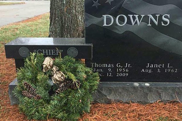 A project organized by a retired Kentucky Air National Guardsman placed a wreath on the grave of Chief Master Sgt. Tommy Downs and more than 130 other unit members last year. Downs, a former command chief of Kentucky’s 123rd Airlift Wing, passed away in 2009. (Photo courtesy of Lee East)