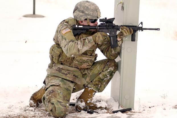 Soldiers from the Wyoming Army National Guard's Charlie Company, 1st Battalion, 297th Infantry Regiment (Forward) try out the new Army’s new marksmanship qualification test at Camp Guernsey Joint Training Center in early March. (U.S. Army)