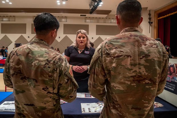 Soldiers attend a career fair in Okinawa.