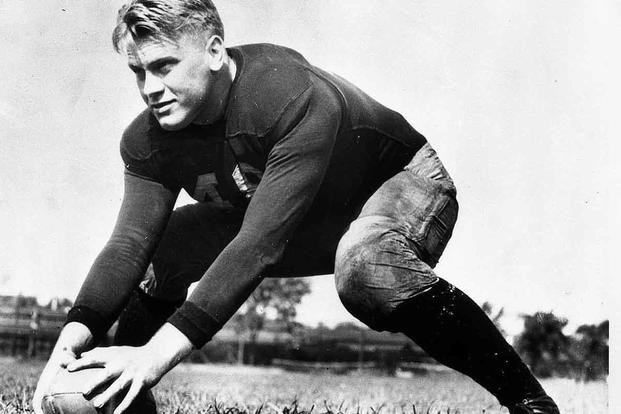 Gerald Ford is shown during practice as a center on the University of Michigan's Wolverines football team in 1933. (Gerald R. Ford Presidential Library)