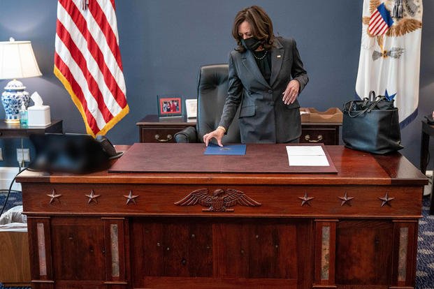 VP Kamala Harris inspects desk from USS Constitution