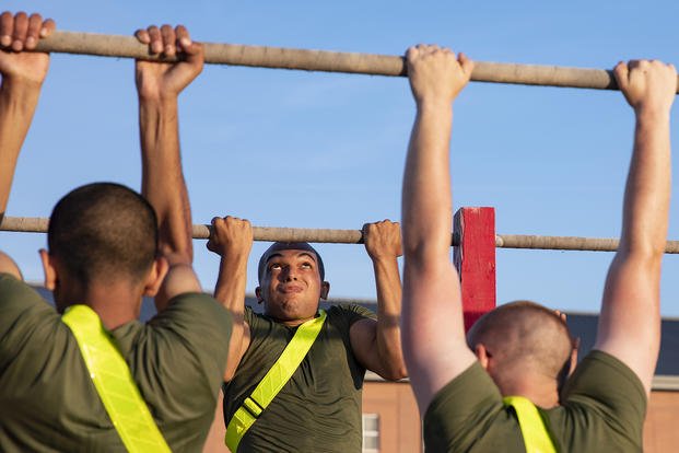 Marine recruits do pull-ups during physical training.