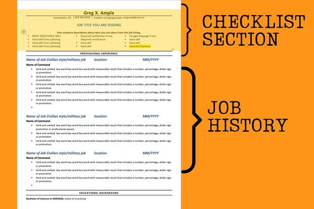 resume with two sections for checklist and job history