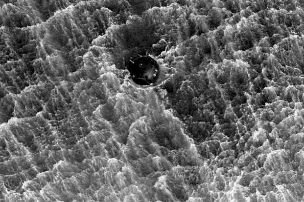 An Iranian mine, similar to the one that struck the USS Samuel B. Roberts, in the Persian Gulf during the Iran-Iraq War (U.S. Navy)
