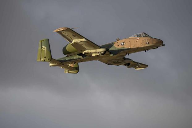 A U.S. Air Force A-10 Thunderbolt II flies over Davis-Monthan Air Force Base.