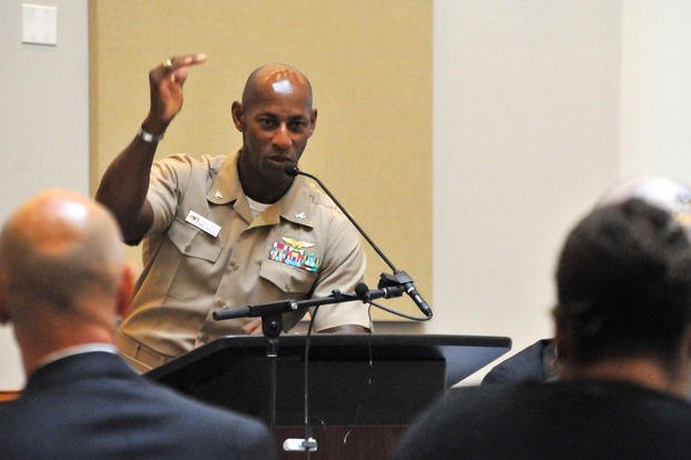 Capt. George Byrd responds to a question during a Wounded Warrior networking event at the Liberty Station Conference Center in San Diego.