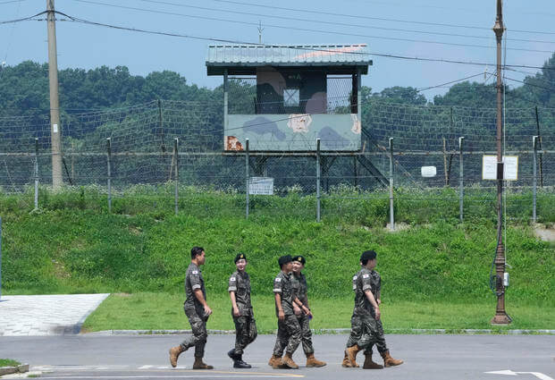 South Korean army soldiers pass by a military guard post at the Imjingak Pavilion in Paju, South Korea