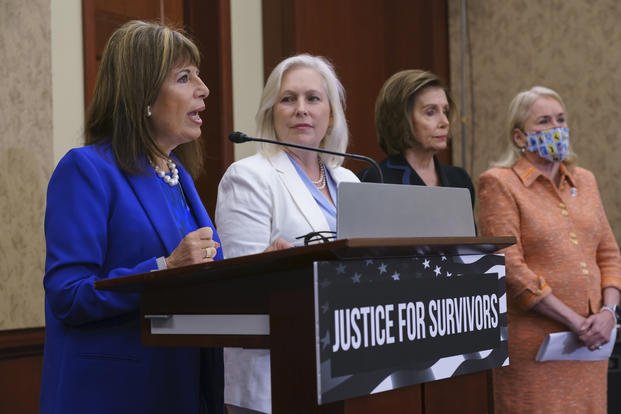 From left, Rep. Jackie Speier, D-Calif., Sen. Kirsten Gillibrand, D-N.Y., Speaker of the House Nancy Pelosi, D-Calif., and Rep. Sylvia Garcia, D-Texas, hold a news conference to introduce the Vanessa Guillen Military Justice Improvement and Increasing Prevention Act at the Capitol in Washington, , June 23, 2021. (AP Photo/J. Scott Applewhite) Vanessa Guillen Military Justice Improvement and Increasing Prevention Act