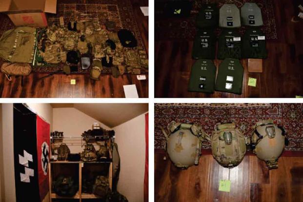 Images from a federal complaint filed Wednesday show Nazi paraphernalia and military gear following a law enforcement raid. Charles Ethan Fields and Levi Austin Frakes, two veterans, were arrested and accused of assault, robbery and theft of government property. Seized Nazi paraphernalia and military gear