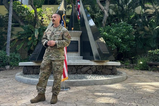 Master Sgt. Logan Ireland delivers remarks at a reenlistment ceremony at Joint Base Pearl Harbor-Hickam in November 2024. Ireland had reenlisted for an indefinite contract that would have taken his military service past 20 years if he had not been forced to retire by the Trump administration. (Photo by Laila Ireland) Master Sgt. Logan Ireland delivers remarks at a reenlistment ceremony at Joint Base Pearl Harbor-Hickam in November 2024. Ireland had reenlisted for an indefinite contract that would have taken his military service past 20 years if he had not been forced to retire by the Trump administration.
