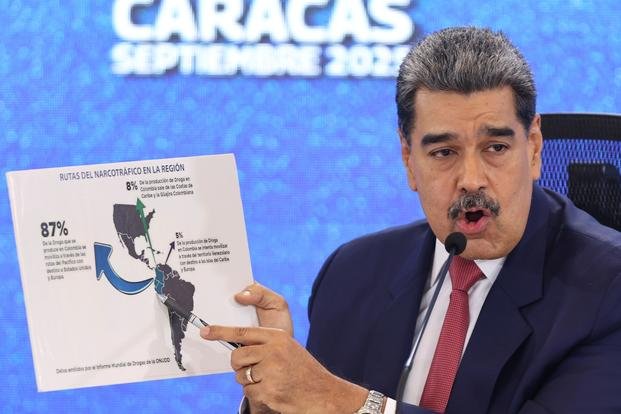 FILE - Venezuela's President Nicolas Maduro points at a map of the Americas during a new conference in Caracas, Venezuela, Sept 15, 2025. (AP Photo/Jesus Vargas), File Venezuela's President Nicolas Maduro