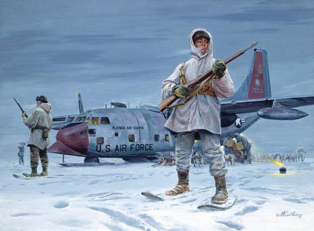 U.S. Air Force personnel stand guard at an Alaska airbase during the Cold War in this painting by Mort Kunstler. Operation Washtub trained 89 civilian Alaskans as stay-behind agents to gather intelligence if Soviet forces invaded the territory between 1951 and 1959. ("Guardians of the North" by Mort Kunstler, courtesy National Guard Bureau)