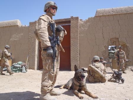 Marine Cpl. Rick Colts and his military working dog Torry pause during a patrol in Afghanistan in 2011. Torry, a German shepherd, worked with II Marine Expeditionary Force detecting IEDs in Helmand Province. (Rick Colts)