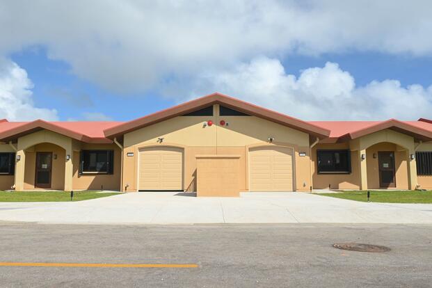 Andersen Air Force Base, Guam, held a ribbon-cutting ceremony Jan. 20, 2023, to commemorate the turnover of the first group of newly developed duplexes, 38 units out of 186 units, increasing the family housing joint inventory across the island. (Staff Sgt. Aubree Owens/Air Force) The attached garages of a duplex.