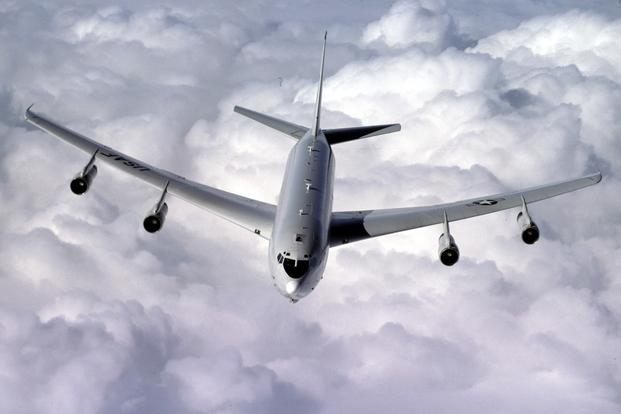 An E-8C Joint Surveillance Target Attack Radar System (Joint STARS) from the 93rd Air Control Wing flies a refueling mission over the skies of Georgia. (U.S. Air Force/Tech. Sgt. John Lasky)