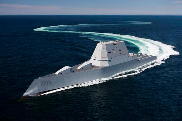 The future guided-missile destroyer USS Zumwalt (DDG 1000) transits the Atlantic Ocean on April 21, 2016, during acceptance trials with the Navy's Board of Inspection and Survey. (U.S. Navy photo)