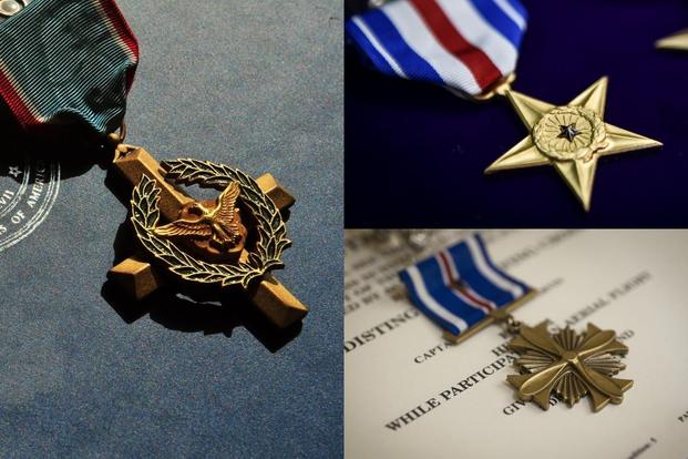 Clockwise from left: the Air Force Cross, the service's second-highest valor medal, the Silver Star and the Distinguished Flying Cross. (U.S. Air Force photos) 