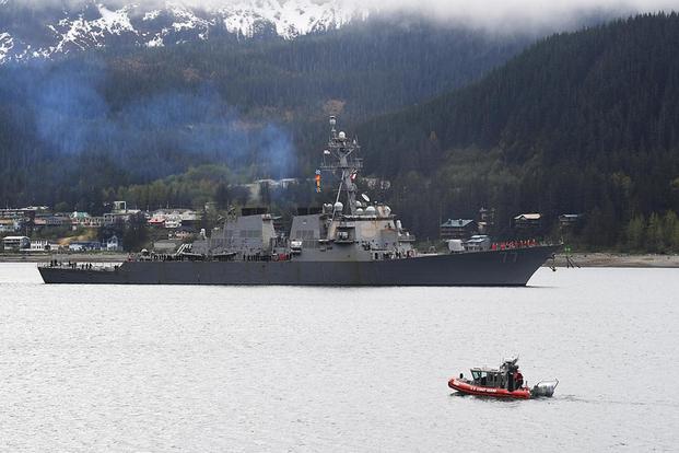 The guided-missile destroyer USS O’Kane arrives in Juneau, Alaska, for a scheduled port visit on May 13, 2017. Mass Communication Specialist 2nd Class Alex Van’tLeven/Navy