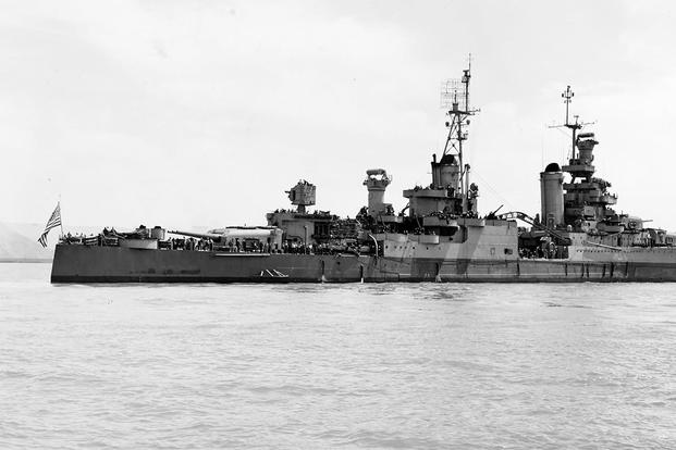 The USS Indianapolis (CA-35) off the Mare Island Navy Yard, California, 10 July 1945, after her final overhaul. (Photo: National Archives)