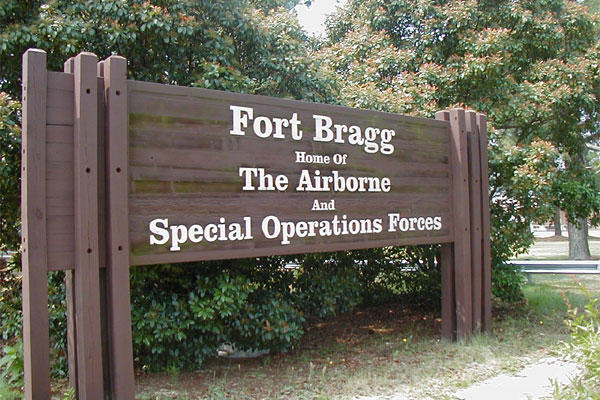 A sign at one of the entrances to Fort Bragg.