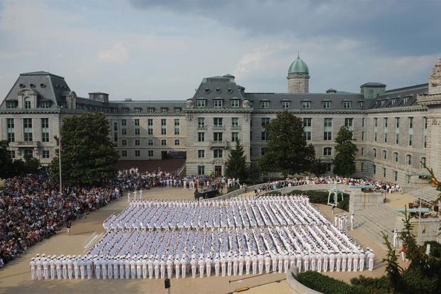 FILE -- The 1,192 members of the U.S. Naval Academy’s incoming Class of 2019 gather in Tecumseh Court for the Induction Day Oath of Office Ceremony. (Navy Photo)
