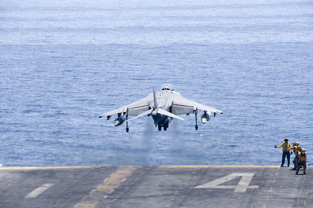 An AV-8B Harrier II with the 13th Marine Expeditionary Unit launches from the amphibious assault ship USS Boxer in the Arabian Gulf on June 16, 2016, in support of Operation Inherent Resolve. Mass Communication Specialist 3rd Class Brett Anderson/Navy