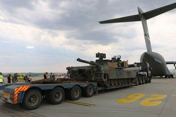 An M1A2 Abrams tank unloads from a C-17, Burgas, Bulgaria, June 20, 2015. (U.S. Army photo by Spc. Jacqueline Dowland)