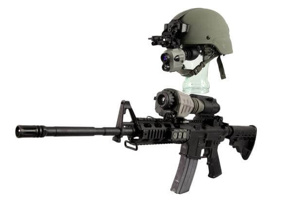 These prototypes of the new Family of Weapon Sights-Individual, mounted on the M4 carbine and the helmet-mounted Enhanced Night Vision Goggle III are designed to work together wirelessly. (Source: US Army)