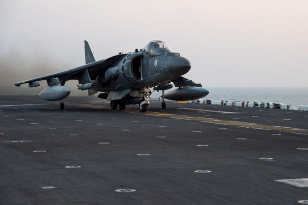An AV-8B Harrier assigned to Marine Medium Tiltrotor Squadron (VMM) 162 (Reinforced), 26th Marine Expeditionary Unit, launches from the amphibious assault ship USS Kearsarge. Photo by Mass Communication Specialist Seaman Apprentice Ryre Arciaga