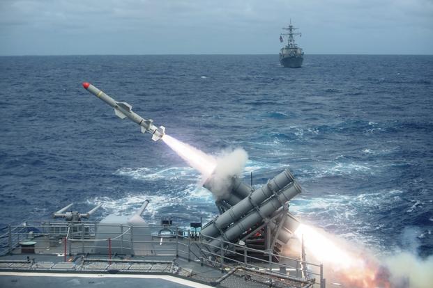 A Harpoon missile is launched from the Ticonderoga-class guided-missile cruiser USS Shiloh (CG 67) Sept. 15, 2014, during a training exercise in the Pacific Ocean. (Photo by Kevin V. Cunningham/US Navy)