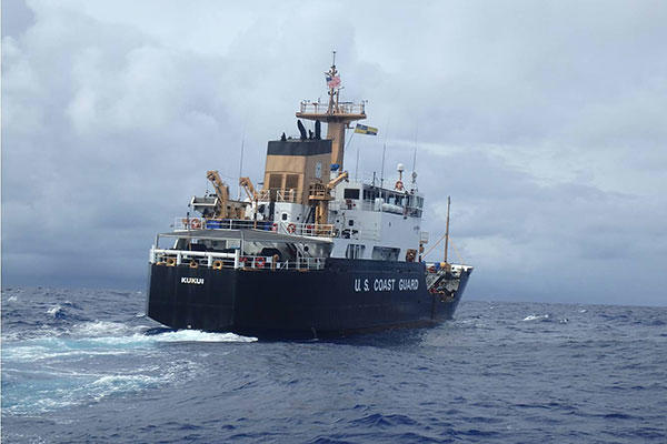 A USCGC Kukui (WLB 203) boarding team, with a shiprider from the Republic of the Marshall Islands, returns to the ship following a successful boarding with the fishing vessel Lomato in the Pacific Ocean Aug. 29, 2015. (U.S. Coast Guard photo)