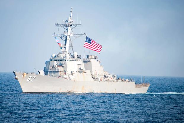 The Arleigh Burke-class guided-missile destroyer USS Stethem (DDG 63) transits waters east of the Korean peninsula during Operation Foal Eagle. (U.S. Navy/Mass Communication Specialist 3rd Class Kurtis A. Hatcher)