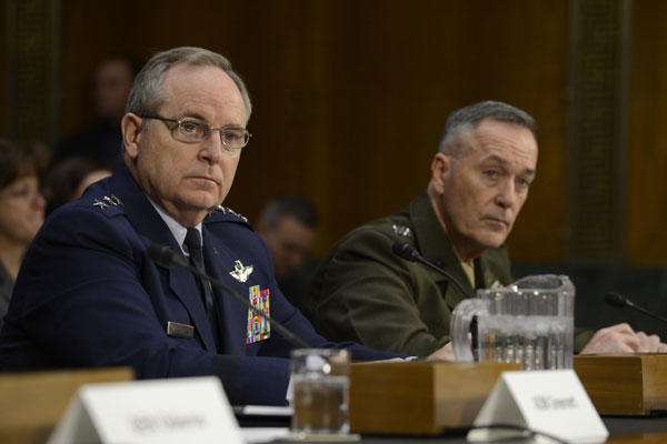 Air Force Chief of Staff Gen. Mark A. Welsh III testifies before the Senate Armed Services Committee Jan. 28, 2015, in Washington, D.C., as Commandant of the Marine Corps Gen. Joesph F. Dunford Jr., looks on. (U.S. Air Force photo/Scott M. Ash)