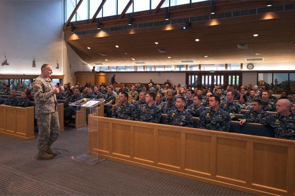 Army Lt. Col. George Corbari leads a suicide awareness and prevention presentation for service members stationed at Joint Base Pearl Harbor-Hickam. (U.S. Navy photo by Mass Communication Specialist 2nd Class Diana Quinlan)