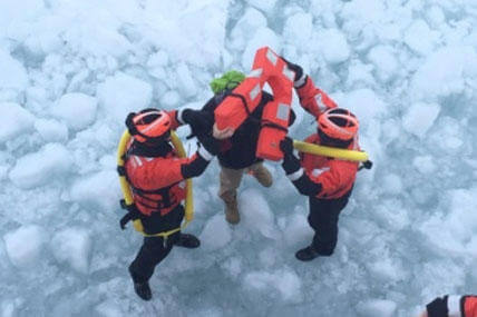 The crew of Coast Guard Cutter Neah Bay, home-ported in Cleveland, rescued a 25-year-old man attempting to walk across Lake St. Clair, March 5, 2015. (U.S. Coast Guard photo by Lt. Josh Zike)