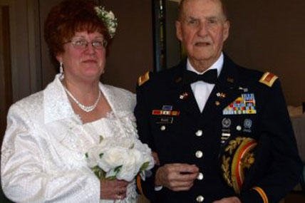 Merry and Virgil Ward are shown at their wedding, Jan. 31, 2009. Enlisting in 1935, Ward, now 96, served in three wars during his 30-year tenure in the military. (U.S. Army photo)