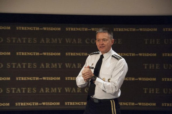 Army Vice Chief of Staff Gen. Daniel Allyn talks about the fundamental Army imperative to win, as he describes the Army Operating Concept during Army Leader Day at the Army War College in Carlisle, Pa., April 7, 2015. (U.S. Army photo)