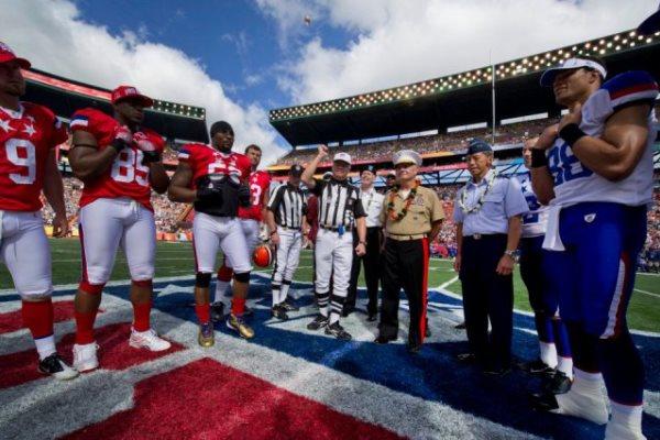 Army Maj. Gen. Roger Mathews, U.S. Army Pacific deputy commander, looks on during the ceremonial coin toss at the 2012 NFL Pro Bowl game at Aloha Stadium in Honolulu, Hawaii. (U.S. Air Force Tech. Sgt. Michael R. Holzworth)