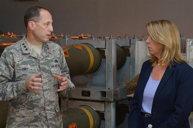 Secretary of the Air Force Deborah Lee James talks with Lt. Gen. Lee K. Levy II, the Air Force Sustainment Center commander, during her visit to Hill Air Force Base, Utah, July 23, 2015. (U.S. Air Force photo/Alex R. Lloyd)