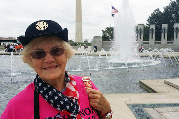 "It's a dream come true," Army veteran Sara Abrams said about being a part of the first all-female honor flight. She is seen at the World War II memorial in Washington, D.C., during the one-day tour, Sept. 22, 2015. (DoD photo by Lisa Ferdinando)